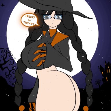halloween, original, original character, zonen404, 1girl, 1girls, bottomless, huge ass, huge breasts, large ass, large breasts, looking at viewer, moon, solo, solo female