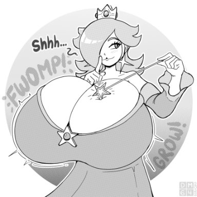 mario (series), super mario galaxy, princess rosalina, darkmcmuffin64, 1girls, big breasts, breast expansion, breasts, cleavage, female, female only, hyper breasts, solo, monochrome