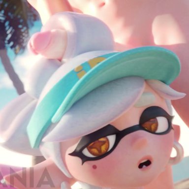 nintendo, splatoon, marie (splatoon), tyviania, 1boy, 1boy1girl, 1girls, beach, big penis, cap, clothed female nude male, cloud, day, earrings, erect penis