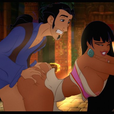 dreamworks, the road to el dorado, chel, tulio (the road to el dorado), qualonhive, 1boy, 1girls, busty, dark-skinned female, dark skin, doggy style, from behind, from behind position, hourglass figure, light-skinned male
