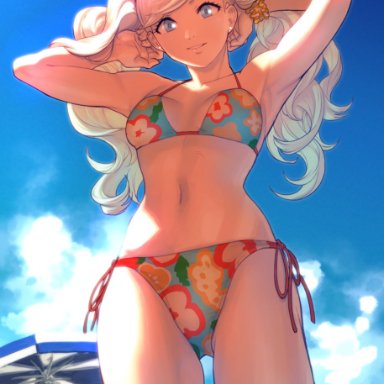 atlus, persona, persona 5, ann takamaki, nekobayashi (nekoforest), 1girls, armpits, bare arms, bare shoulders, beach, bikini, blonde hair, blue eyes, breasts apart, earrings