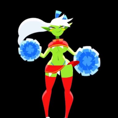 original, gogo (minus8), minus8, big breasts, blush stickers, bouncing breasts, bow, cheerleader, clothed, dancing, goblin, goblin female, green skin, navel, pointy ears