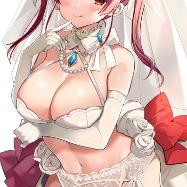 hololive, houshou marine, satoupote, 1girls, arm under breasts, bangs, bare shoulders, blush, bow, bra, breast hold, breasts, breasts apart, bridal veil, cleavage
