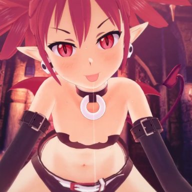 disgaea, etna, etna (disgaea), prinny, witchanon, belt, bra, clothed sex, clothing, cowgirl position, demon girl, drool, earrings, elf ears, female on top