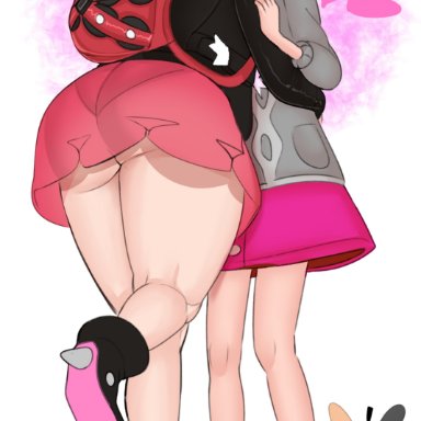 nintendo, pokemon, pokemon ss, gloria (pokemon), marnie (pokemon), morpeko, pok&#233;mon (species), fladdykin, !, 1futa, 1girls, ass, black hair, brown hair, clothed