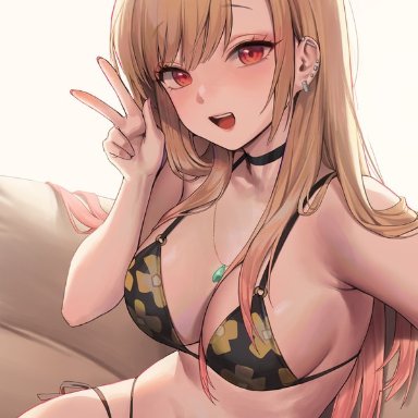 sono bisque doll wa koi wo suru, kitagawa marin, artist request, bikini, black and yellow bikini, black panties, blonde hair, blush, breasts, ear piercing, earrings, jewelry, large breasts, long hair, looking at viewer