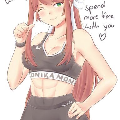 doki doki literature club, raionart, 1girls, abs, big breasts, brown hair, busty, child bearing hips, cleavage, covered navel, female, female only, green eyes, hair ribbon, hand on hip