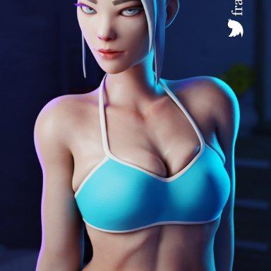 riot games, valorant, jett (valorant), francis brown, 1girls, abs, asian female, athletic female, belly button, bikini, bikini bottom, bikini top, blue bikini, cleavage, female