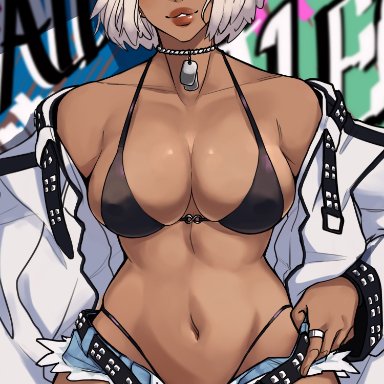 fate/grand order, fate (series), caenis (fate), alecto 0, belt, bikini, black bikini, blue eyes, breasts, buckle, cowboy shot, cutoffs, dark-skinned female, dark skin, denim