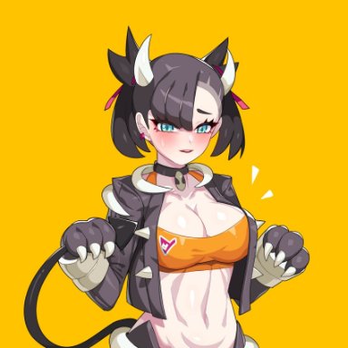 game freak, nintendo, pokemon, houndoom (cosplay), marnie (pokemon), pokemon (cosplay), drunkoak, asymmetrical bangs, bangs, big breasts, black hair, blue eyes, blush, breasts, choker