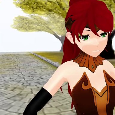 rwby, grimm (rwby), pyrrha nikos, theblackbirdcalls, arm gloves, armlet, armwear, audience, blush, circlet, completely nude, corset, dancing, exposed breasts, exposed pussy