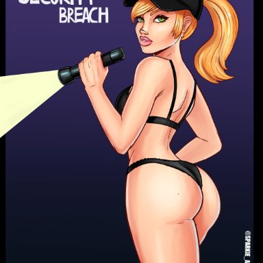 five nights at freddy's, vanessa (fnaf), sparkietheartist, 1girls, ass, blonde hair, bra, female, female only, flashlight, green eyes, looking back, panties, security guard, solo