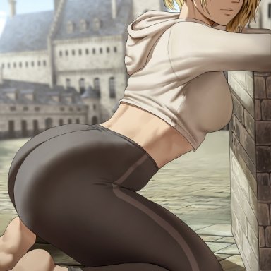 attack on titan, shingeki no kyojin, annie leonhardt, shexyo, 1girls, ass, blonde hair, blue eyes, breasts, butt, cityscape, cropped hoodie, dat ass, detailed background, female