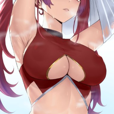 hololive, houshou marine, i-chandraws, armpits, arms up, belly, big breasts, cleavage, cleavage cutout, gradient background, navel, nipple bulge, red eyes, red hair, simple background