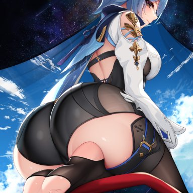 genshin impact, eula (genshin impact), damao yu, 1girls, arched back, ass, ass cheeks, ass focus, back, back view, big ass, big breasts, big butt, blue hair, blush