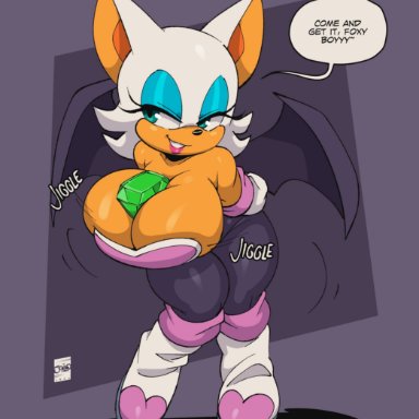 sega, sonic (series), rouge the bat, joaoppereiraus, 1girl, 1girls, anthro, bedroom eyes, between breasts, big breasts, breast jiggle, breasts, bursting breasts, busty, chaos emerald