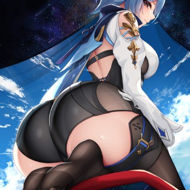 genshin impact, eula (genshin impact), damao yu, 1girls, arched back, ass, ass cheeks, ass focus, back, back view, big ass, big breasts, big butt, blue hair, blush