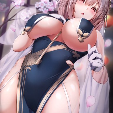 azur lane, sirius (azur lane), tiri man, 1girls, bangs, blush, branch, breast curtains, breasts, cherry blossoms, china dress, chinese clothes, dress, female, female focus