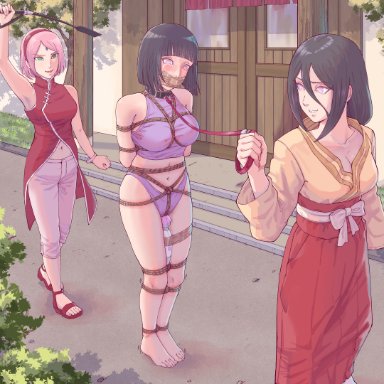 boruto: naruto next generations, naruto, naruto (series), hyuuga hanabi, hyuuga hinata, sakura haruno, whatever, arms behind back, barefoot, big breasts, bob cut, bondage, breasts, brown hair, bsdm