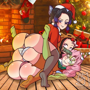 christmas, demon slayer, kimetsu no yaiba, kamado nezuko, kanroji mitsuri, kochou shinobu, semidraws, 3girls, alternate costume, ass, ass focus, big ass, big butt, black hair, blush