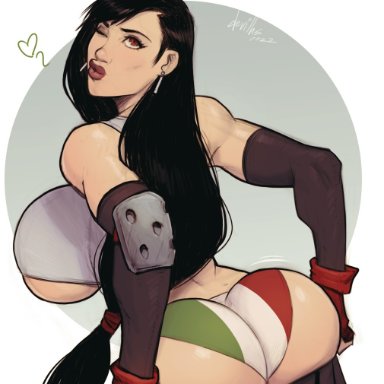 final fantasy, final fantasy vii, tifa lockhart, devil hs, ass, big breasts, big lips, breasts, brown eyes, bubble butt, crop top, elbow gloves, female, female focus, female only