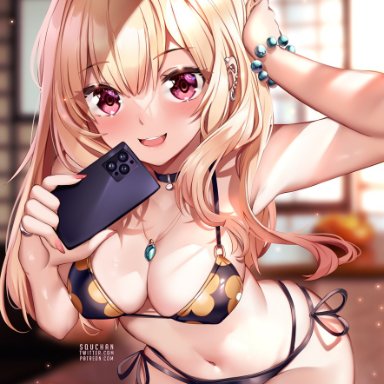 sono bisque doll wa koi wo suru, kitagawa marin, squchan, 1girls, bikini, black bikini, blonde hair, blush, breasts, choker, female, female only, flower pattern, gyaru, hips