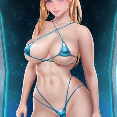 metroid, nintendo, samus aran, prywinko, 1girls, abs, bare arms, bare breasts, bare shoulders, bare skin, bare thighs, beauty mark, big breasts, blonde hair, blue eyes