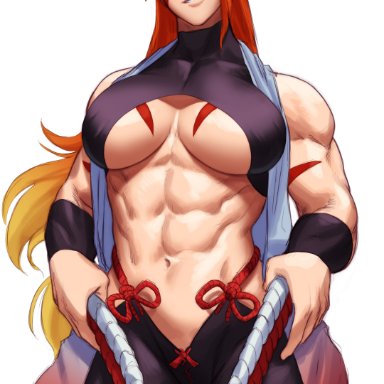 sotcho, abs, bare shoulders, breasts, busty, female, large breasts, long hair, looking at viewer, muscles, muscular female, navel, pink eyes, red hair, redhead