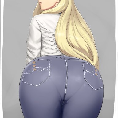 kantai collection, richelieu (kantai collection), lvl (sentrythe2310), 1girls, aqua eyes, ass, ass focus, big ass, blonde hair, blue pants, blush, border, clenched teeth, cross-laced clothes, denim