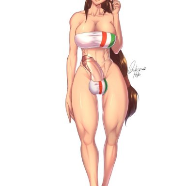 final fantasy, final fantasy vii, tifa lockhart, bakuhaku, 1futa, abs, balls, big breasts, big penis, breasts, brown hair, clothed, clothing, erection, futa only