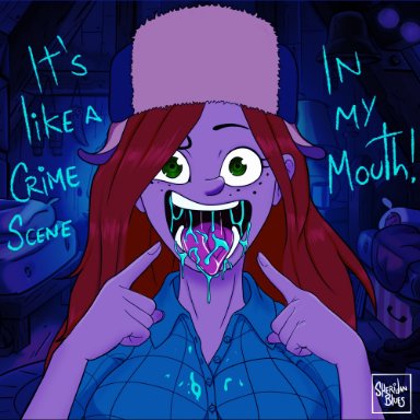 gravity falls, wendy corduroy, sheridan blues (artist), after fellatio, cum, cum in mouth, cum on clothes, detailed background, freckles, looking at viewer, open mouth, pointing at mouth, red hair, saliva, ultraviolet light