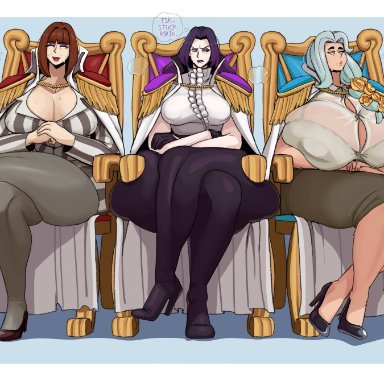 original, alma (sundown), mara (sundown), original character, ruru-raida, sunnysundown, 3girls, annoyed, arms crossed, big ass, big breasts, cleavage, dark hair, huge ass, huge breasts