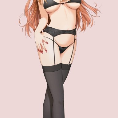 sono bisque doll wa koi wo suru, kitagawa marin, artist request, black bra, black garter belt, black garter straps, black panties, black stockings, blonde hair, breasts, ear piercing, earrings, female only, large breasts, long hair