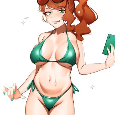 nintendo, pokemon, pokemon ss, sonia (pokemon), kevbot, 1girls, artist revision, bikini, breasts, female, female only, glasses, glasses on head, hair ornament, hairclip