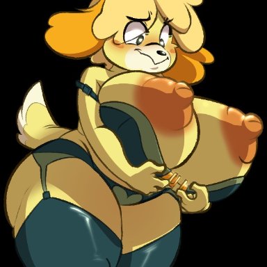 animal crossing, nintendo, isabelle (animal crossing), pofuilly, areola, areolae, big areola, big breasts, bursting breasts, canid, canine, female, female only, focused, full body