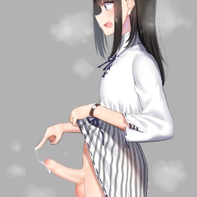 original, kitajima yuuki, 1boy, balls, ballsack, bangs, black hair, blouse, blue eyes, blunt bangs, breath, clothes lift, collared shirt, crossdressing, cum