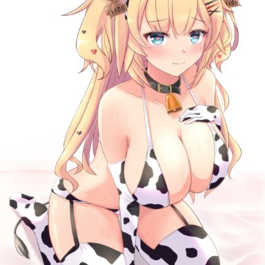 hololive, akai haato, heckler kai, animal ears, animal print, aqua eyes, bangs, bare shoulders, bell, bikini, blonde hair, blush, breasts, cleavage, collarbone