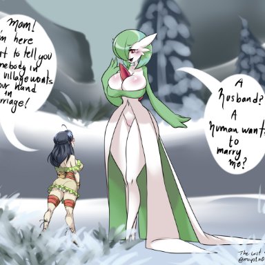 nintendo, pokemon, gardevoir, pok&#233;mon (species), the lost artist, big breasts, breasts, cleavage, clothed, clothing, duo, female, genitals, human, larger female