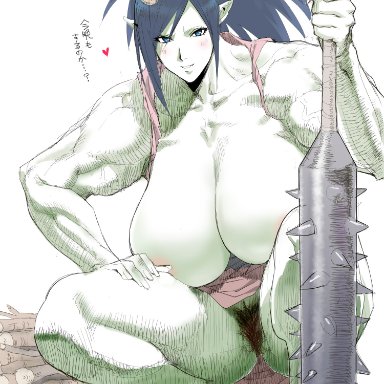 original, ishii takamori, areola slip, areolae, bare shoulders, barefoot, blue eyes, blue hair, blush, breasts, club (weapon), collarbone, colored skin, female, female orc