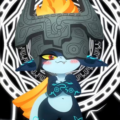 ankha ride (minus8), legend of zelda, the legend of zelda, twilight princess, imp midna, midna, fuwuart, :3, arms crossed, belly, belly button, blinking, blush, blushing, breasts