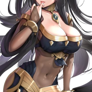 fire emblem, fire emblem: awakening, fire emblem heroes, nintendo, tharja, tharja (fire emblem), gonzarez, 1girls, alternate costume, bangs, bare shoulders, black hair, blunt bangs, bodystocking, bracer