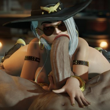 overwatch, ashe (overwatch), the firebrand, 1boy, 1girl, 1girls, areolae, armlet, aviator sunglasses, blowjob, boots, bracelet, breasts, cowboy hat, earring