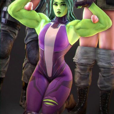 fortnite, hulk (series), marvel, marvel comics, jennifer walters, she-hulk, froggysfm, 1girls, 2boys, bicepjob, biceps, female, female focus, flexing, green skin