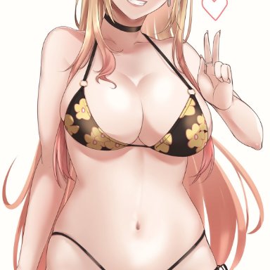 sono bisque doll wa koi wo suru, kitagawa marin, tinnies, 1girls, bare legs, bikini, black bikini, blonde hair, blush, breasts, cleavage, ear piercing, female, female only, flower pattern