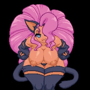 capcom, darkstalkers, felicia (darkstalkers), mikituu, animal humanoid, areola, big breasts, black body, black fur, blue eyes, bouncing breasts, breasts, cat humanoid, fangs, felid