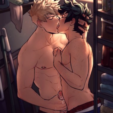 my hero academia, izuku midoriya, katsuki bakugou, spacenipnops, 2boys, abs, blonde hair, closed eyes, cum, cumming, cumming together, freckles, frottage, gay, grabbing