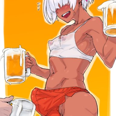 original, kuroino (0kuro8ino6), 1boy, alcohol, beer, beer mug, blush, bulge, cup, dark-skinned male, dark elf, dark skin, elf, erection, femboy