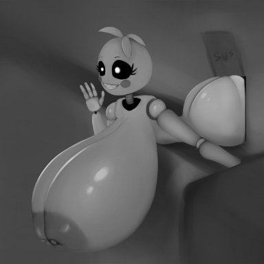 five nights at freddy's, five nights at freddy's 2, chica (fnaf), toy chica (fnaf), ebolaa333, animatronic, ass, big breasts, chicken, hyper, hyper breasts, stuck, vent, monochrome