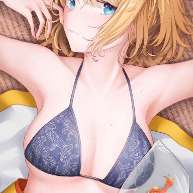 hololive, hololive english, watson amelia, tfqrx, 1girls, aqua eyes, armpits, big breasts, blonde hair, blue bra, blue eyes, bra, breasts, dress, embarrassed