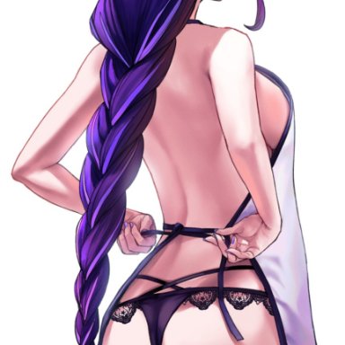 genshin impact, raiden shogun, applekun, apron, ass, back, bare shoulders, braid, braided ponytail, breasts, female, hair ornament, large breasts, long hair, naked apron